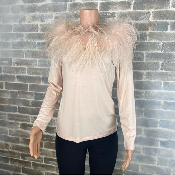 Boston Proper Ostrich Feather Trimmed Pale Pink Long Sleeve Pull Over Size M - Picture 3 of 13
